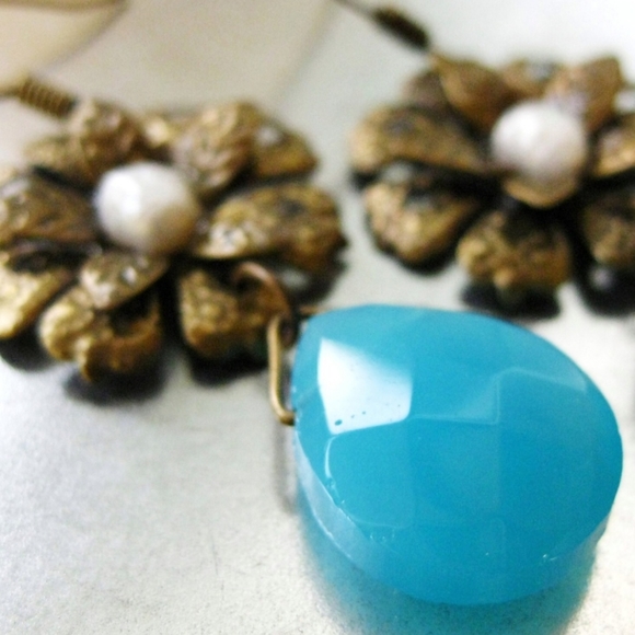 Antique Brass Flower, Seed Pearl & Aqua Blue Faceted Glass Teardrop Earrings - Picture 3 of 5